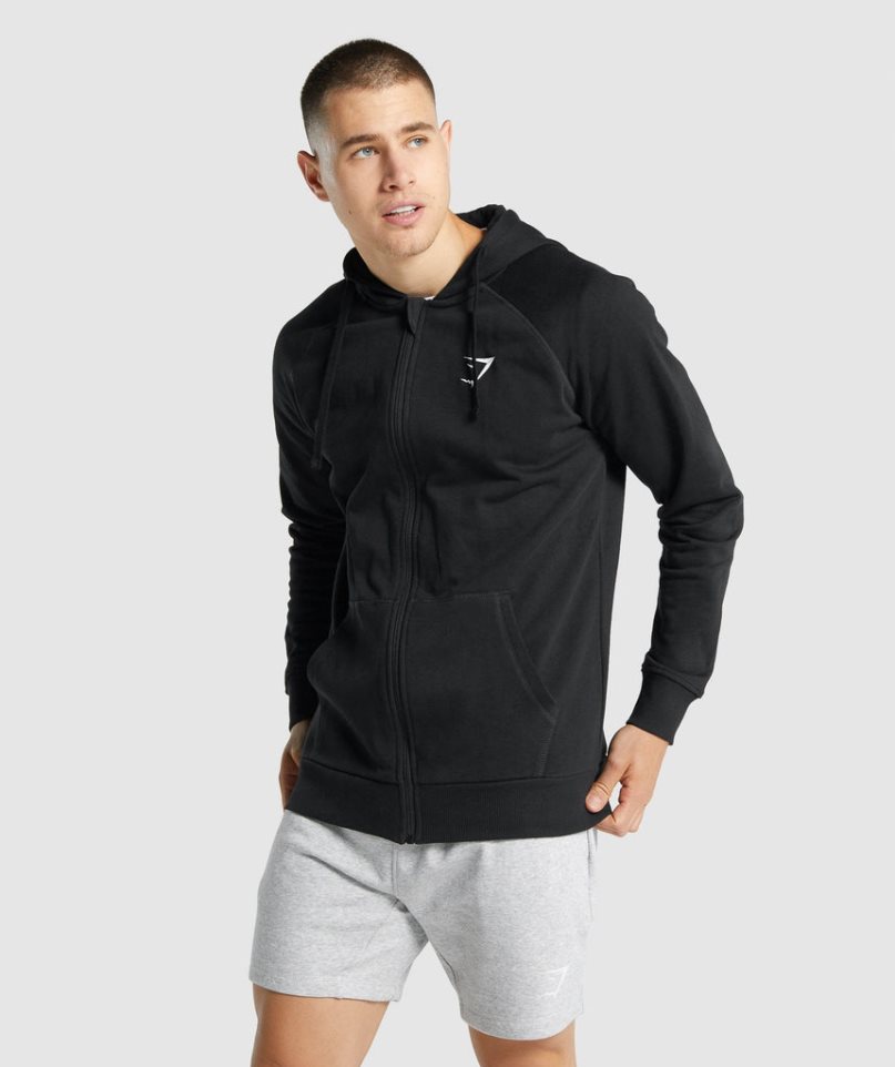 Bluzy Z Kapturem Gymshark Crest Zip Up Męskie Czarne | PL 306VEJ